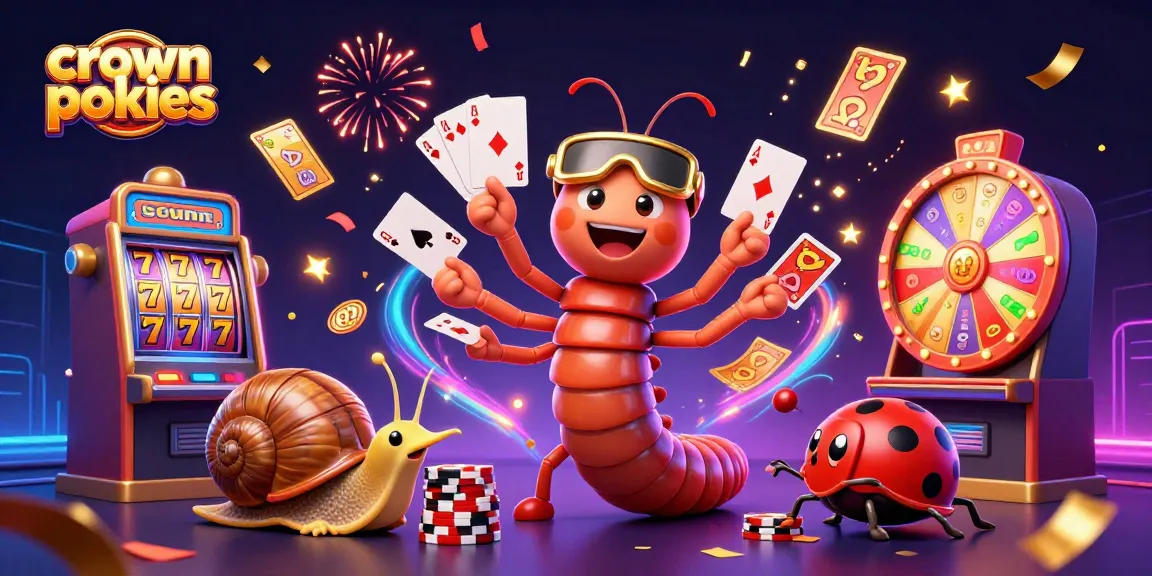 Spin the crown pokies with excitement, featuring a lively casino scene with a millipede dealer and thrilling elements.