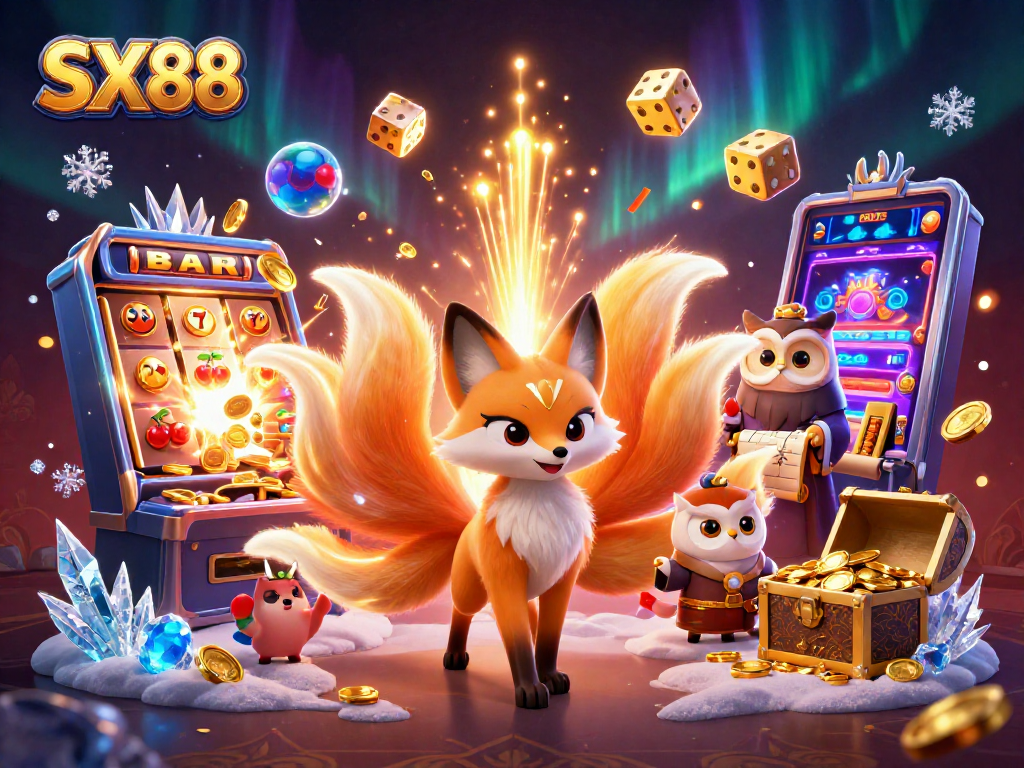 SX88 makes a splash with vibrant illustrations featuring a nine-tailed fox spirit amidst a jackpot explosion of coins and games.