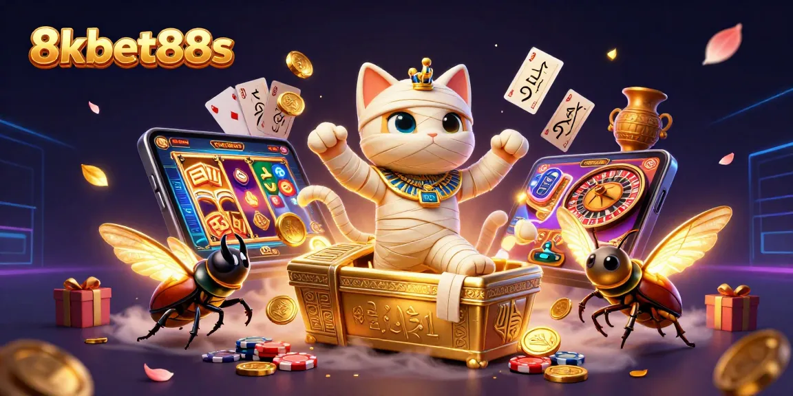 Experience excitement at 8kbet88s as a mummy cat and scarab beetle engage in thrilling casino adventures.
