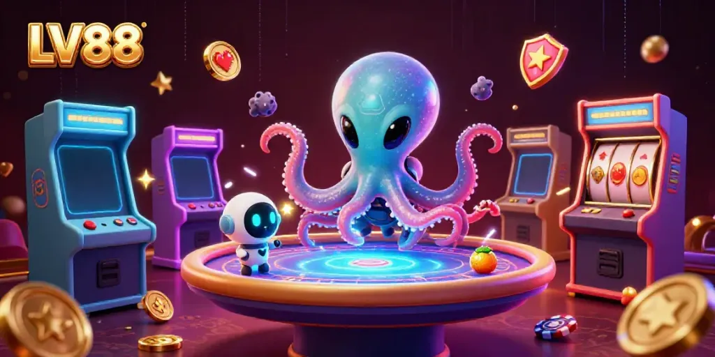 Experience thrilling LV88 gameplay with a cosmic octopus at a holographic poker table.