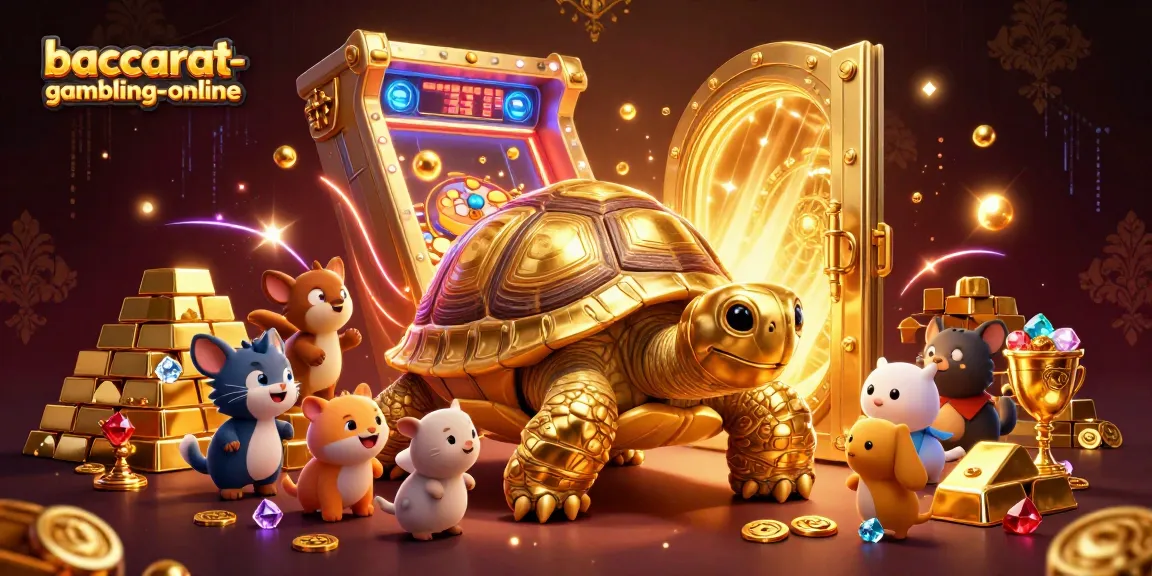 Baccarat-gambling-online captivates with a dynamic 3D illustration featuring a golden tortoise pinball machine and treasure elements.