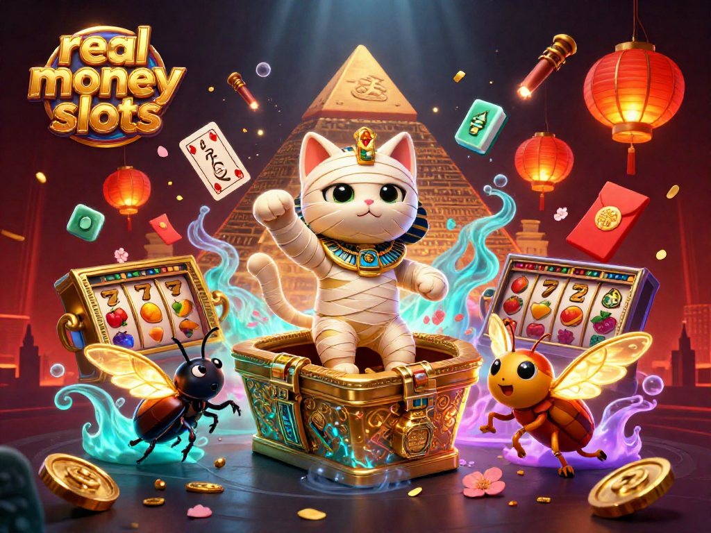 Experience the thrill of real money slots with vibrant Egyptian-themed graphics and dynamic casino elements.