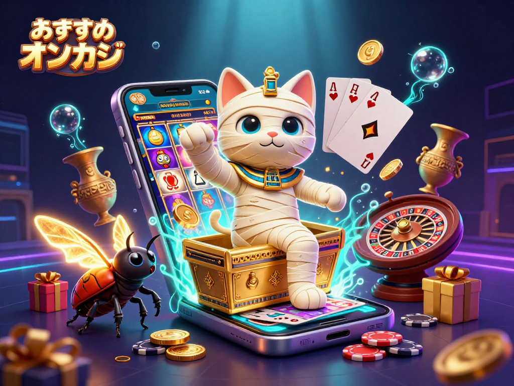 おすすめオンカジで楽しむカジノアプリを象徴するイラスト、エジプトのミイラ猫とスカラベが描かれています。