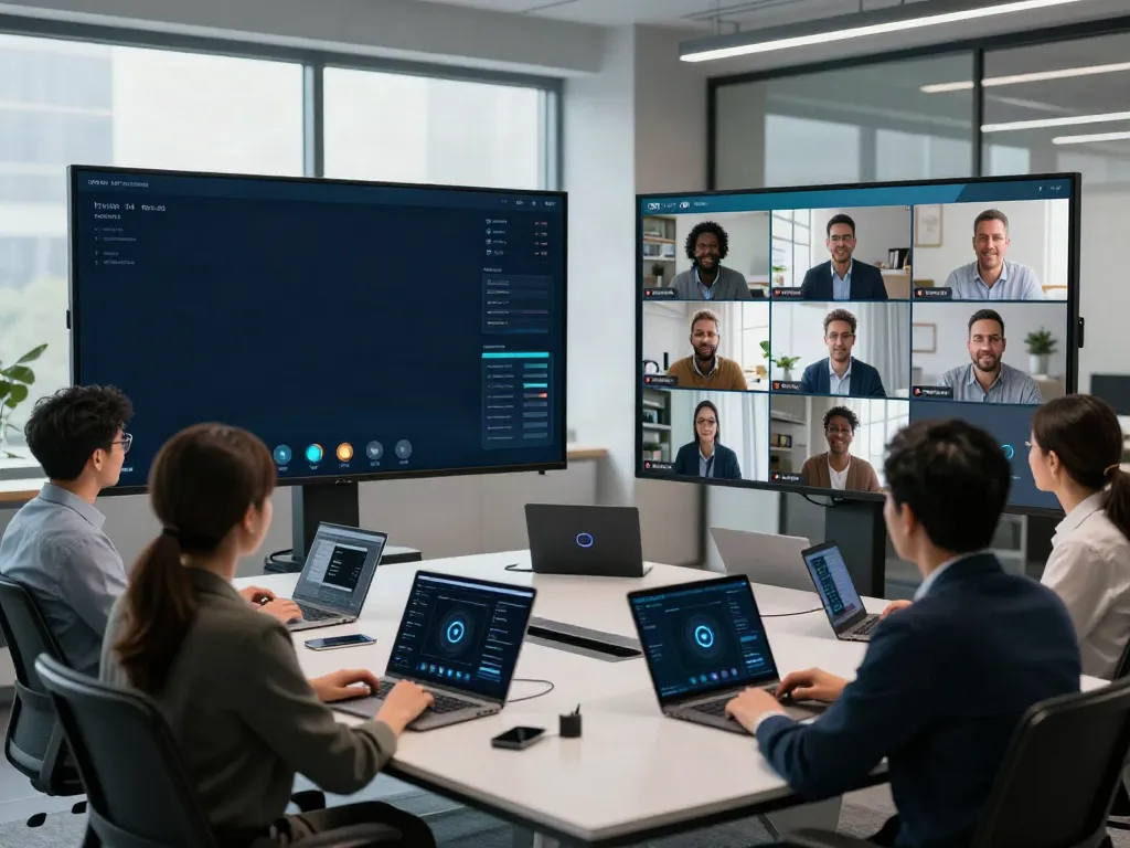 Deepfake protected Conferencing with a diverse team collaborating in a modern video meeting.