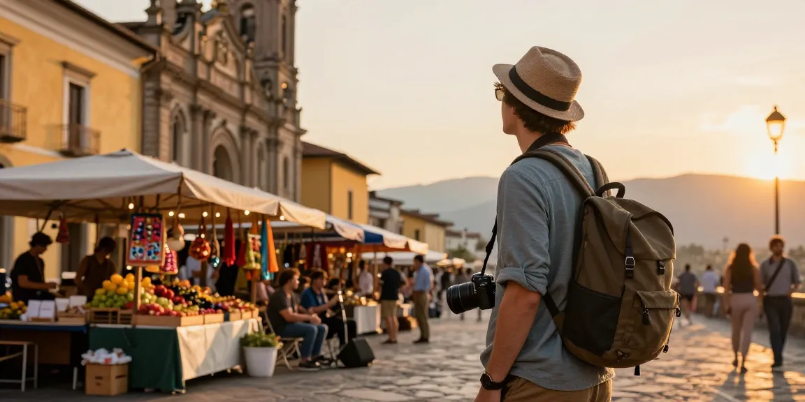 NAGA2000 traveler enjoying vibrant European culture while exploring local markets at sunset.