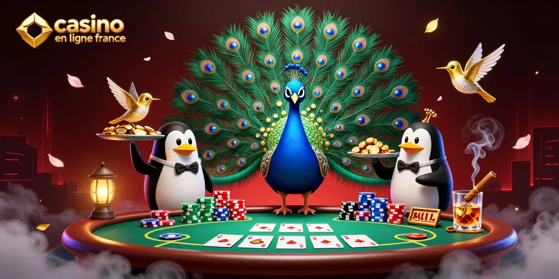 Jouer avec des gains réels sur le casino en ligne France avec un flamant et un pingouin servant des jetons d'or.