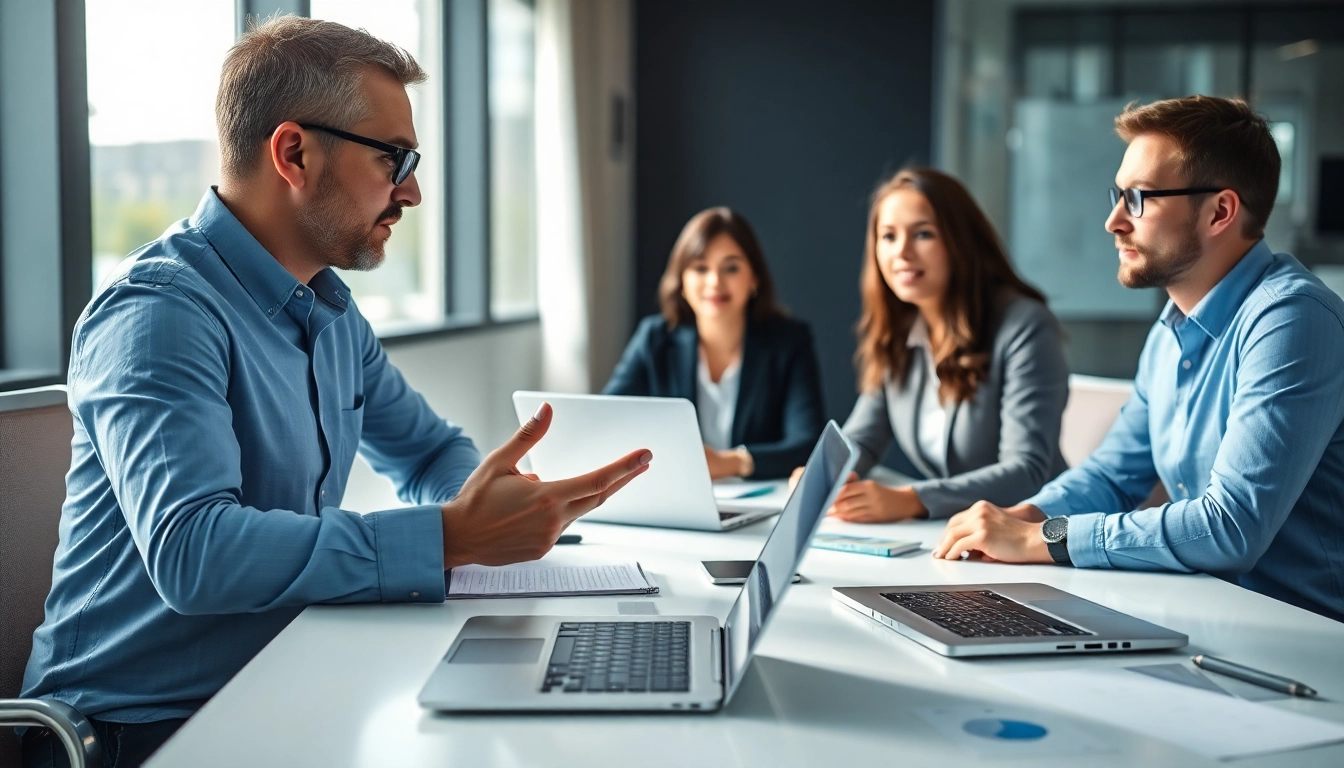 Engaged business team discussing business it support strategies with a consultant in a modern office.