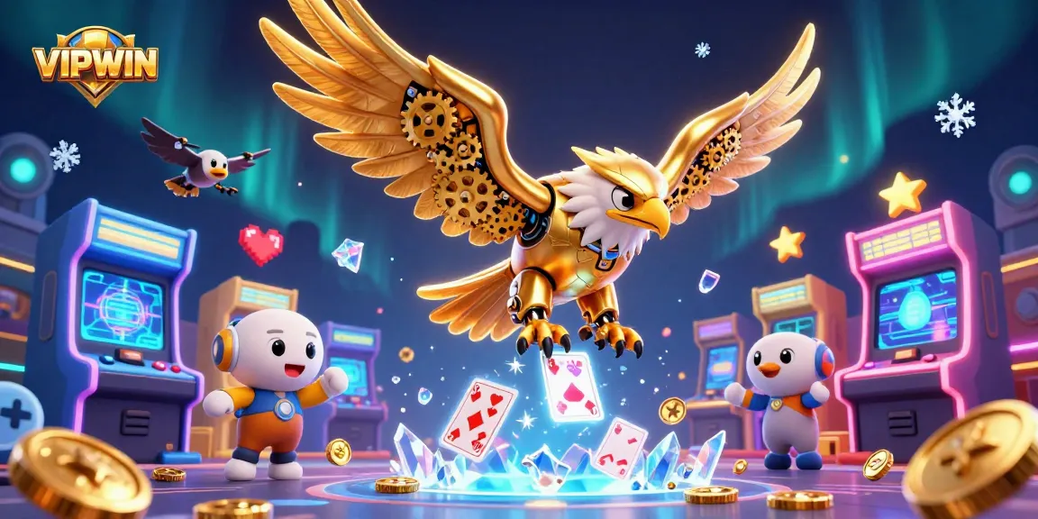 Experience VIPWIN's vibrant casino world with a cybernetic golden eagle amidst holographic gaming action.