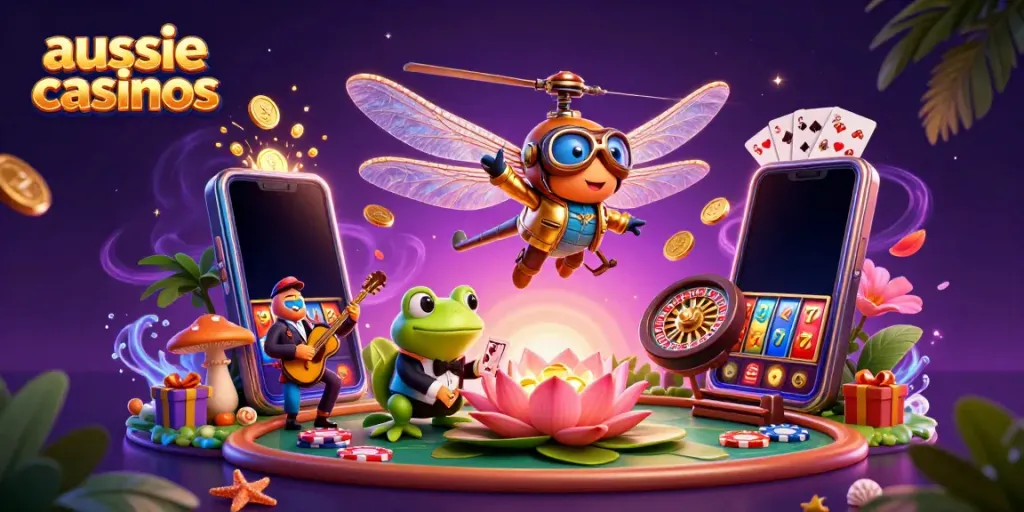 Aussie casinos showcase vibrant characters with a dragonfly pilot and a frog croupier in a lively casino scene.