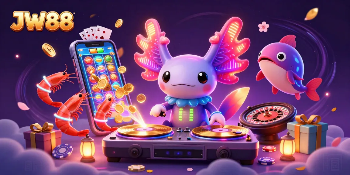Spin vibrant games and reels at JW88 with a neon axolotl DJ and lively underwater scene.