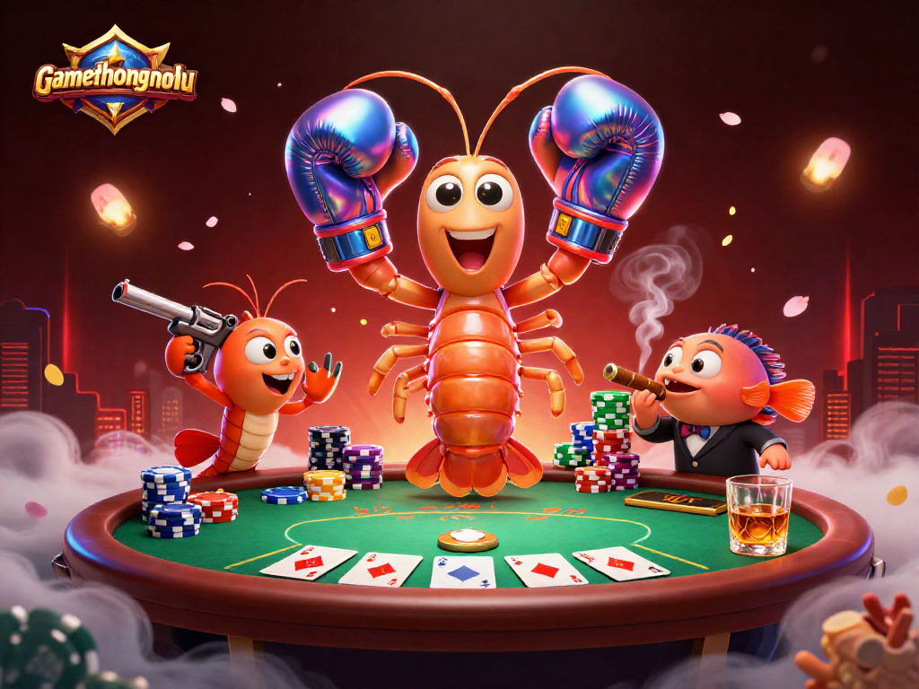 Engage in thrilling moments at gamethuongnohu with poker champions amidst vibrant casino elements.