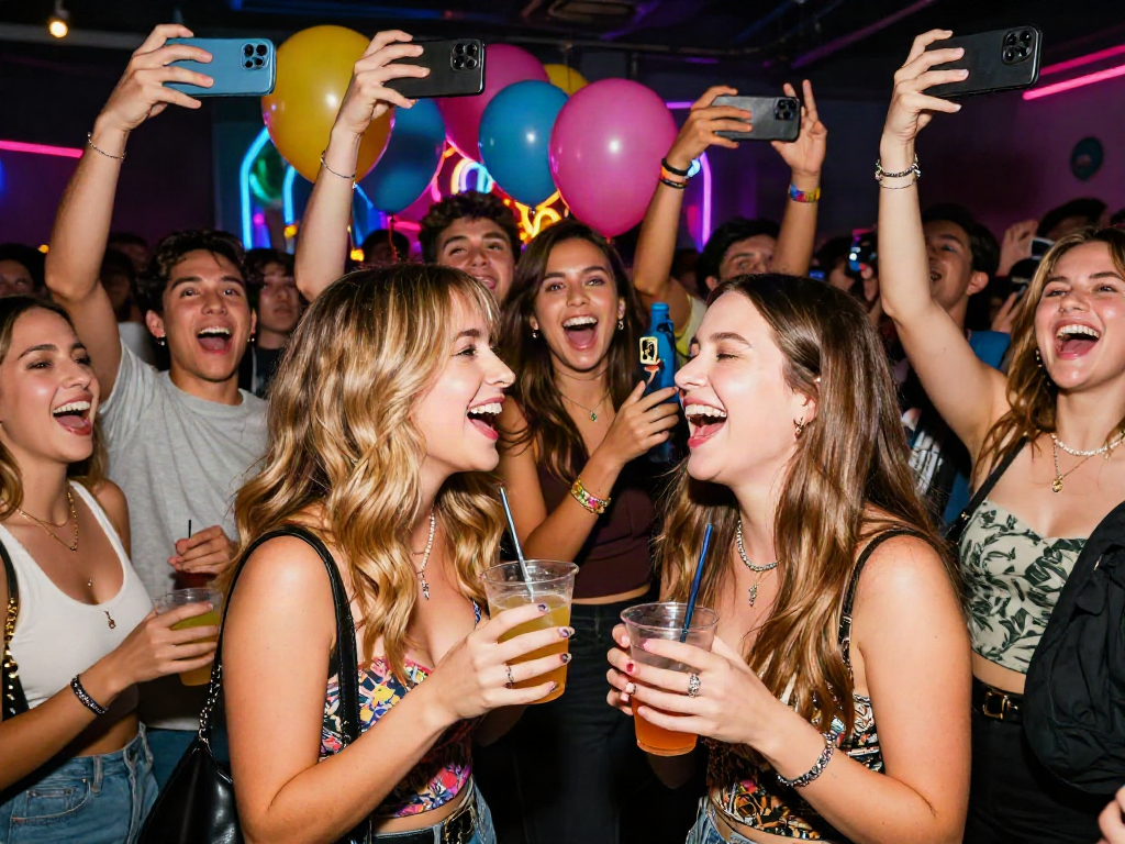 Celebrities that look alike sharing joyful moments at a vibrant party.