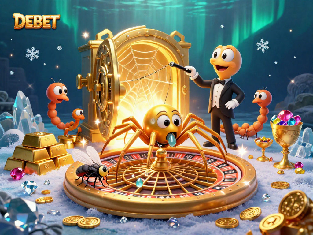 Experience thrilling betting at DEBET with a golden spider spinning a roulette web in a lively casino scene.