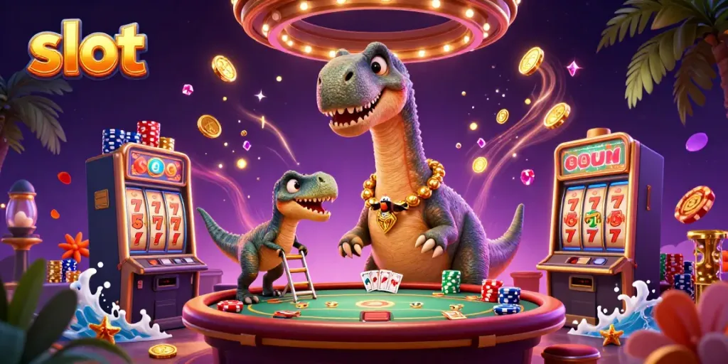 Slot mesin dan dinosaurus dalam kasino yang penuh warna.
