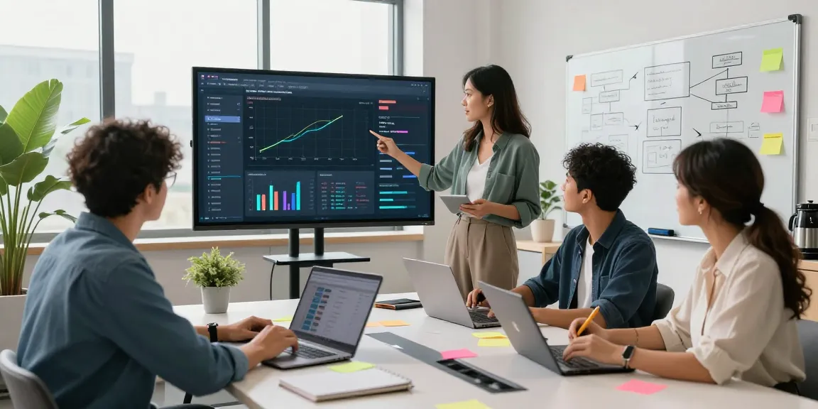 Team collaborating to build internal tools with AI in a modern workspace, showcasing analytics and brainstorming.