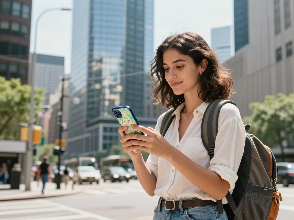 תיירה משתמשת ב-Esim לחול בעיר תוססת, עם סמארטפון וטרמפיסטים
