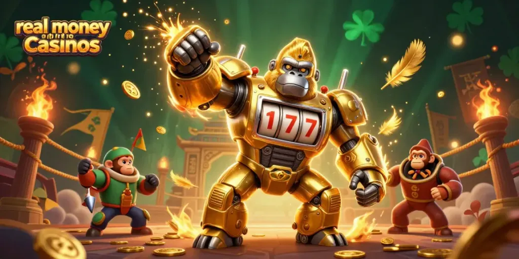 Engaging scene showcasing a golden gorilla mech representing real money online casinos amidst a vibrant casino atmosphere.