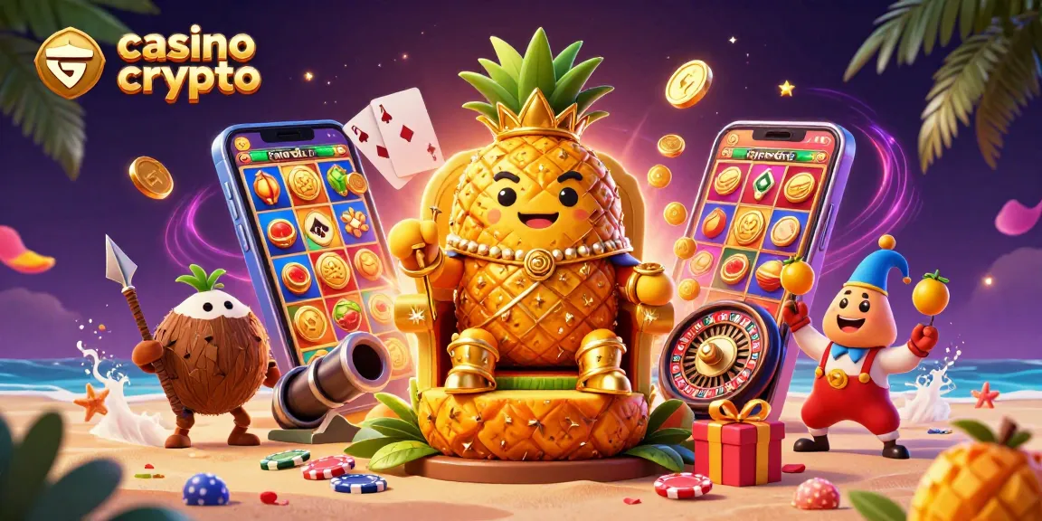 Ilustra la experiencia emocionante de casino crypto con el rey piña y sus guardias en un paraíso tropical.
