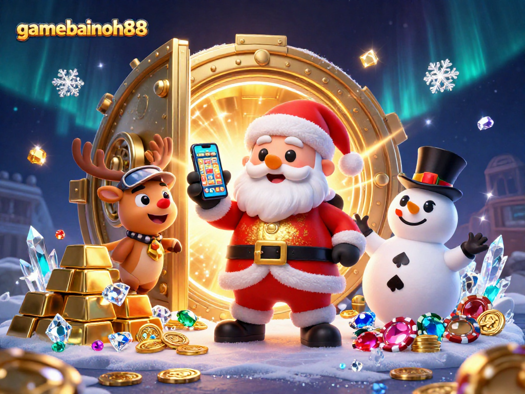 Spin jackpot slots with gamebainohu88, featuring Santa, reindeer, and snowman at a vibrant casino.