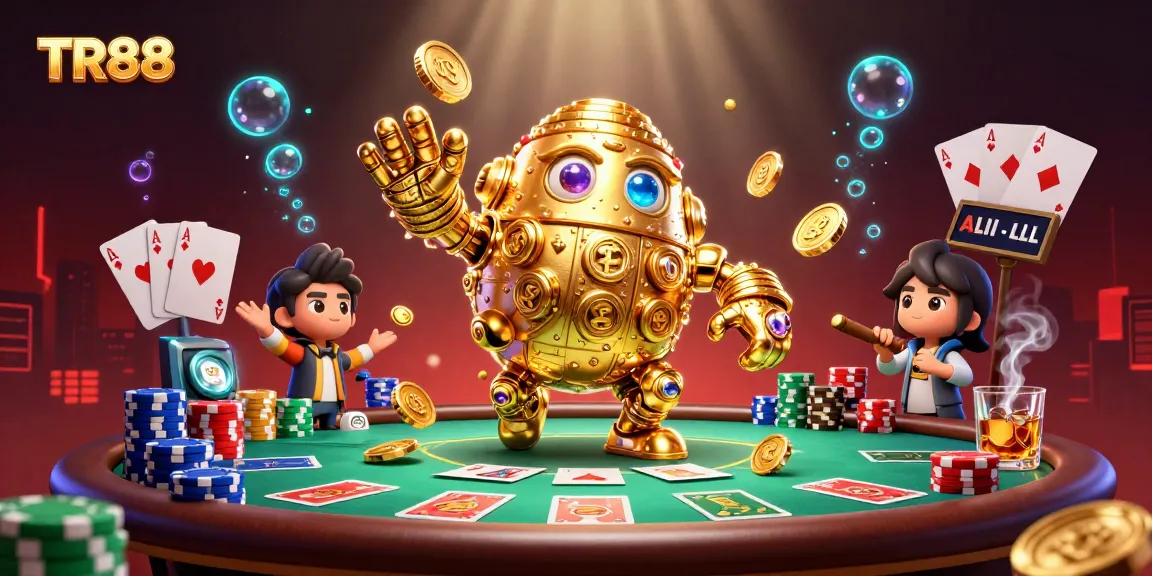 Spin the reels at TR88 with a dynamic scene featuring a golden golem and poker elements