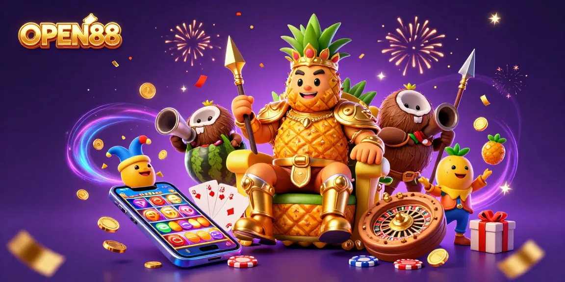 Experience thrilling game excitement with OPEN88's colorful casino atmosphere featuring vibrant characters.