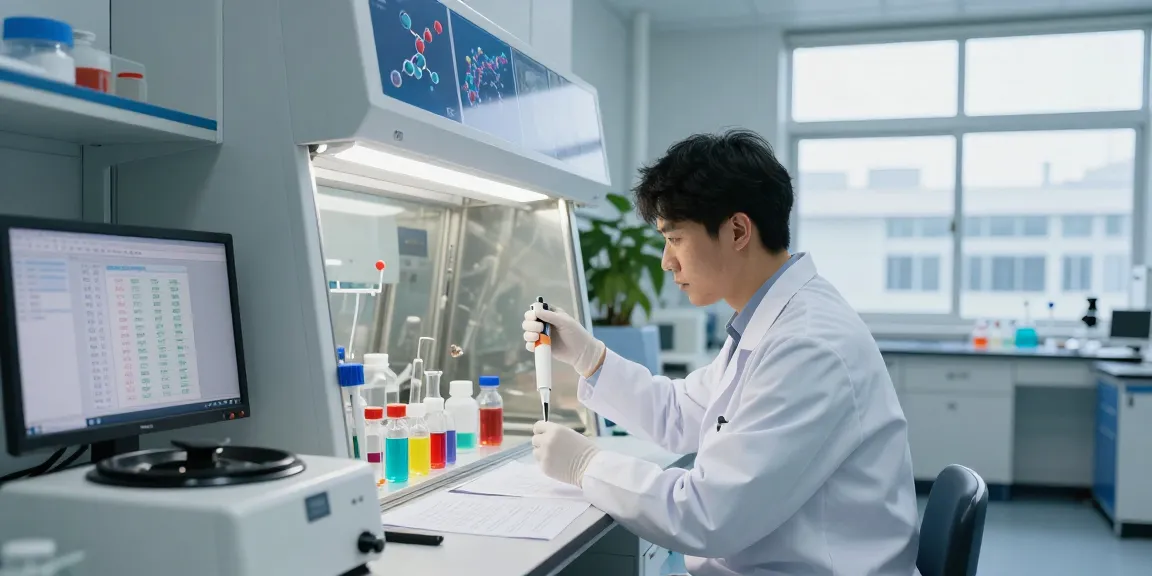 Research peptides supplier rankings analyzed in a modern laboratory setting with scientists and equipment.