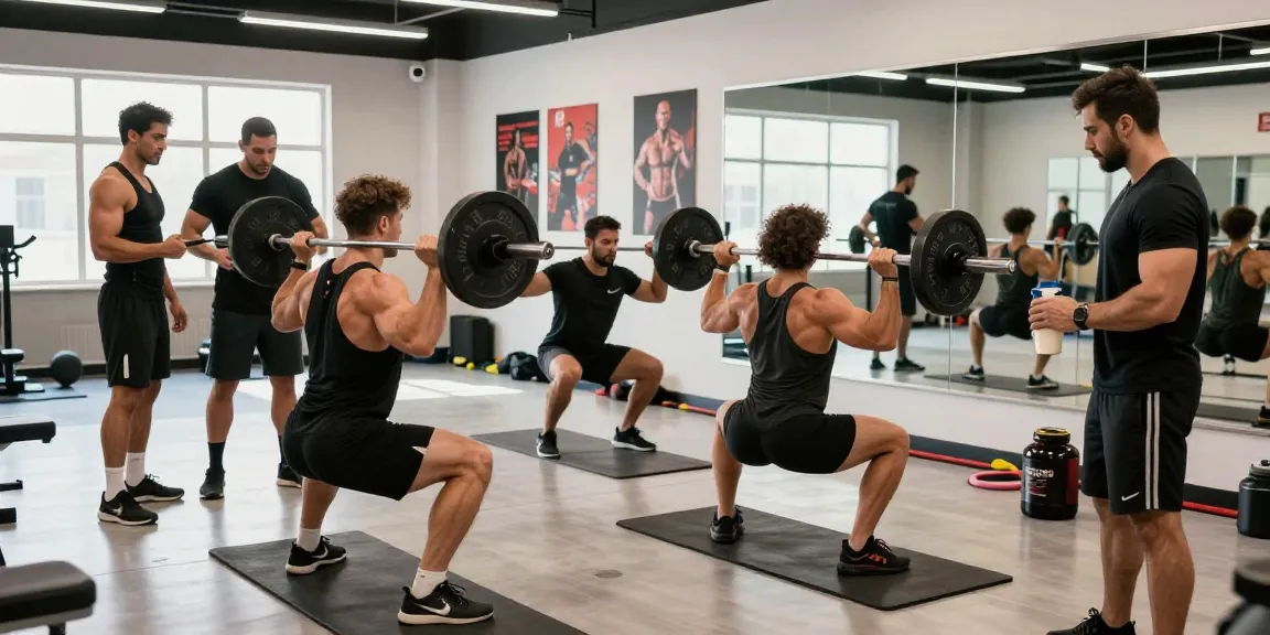Energetic bodybuilders training in a fitness studio, showcasing anabolic steroids from the Steroid Shop.