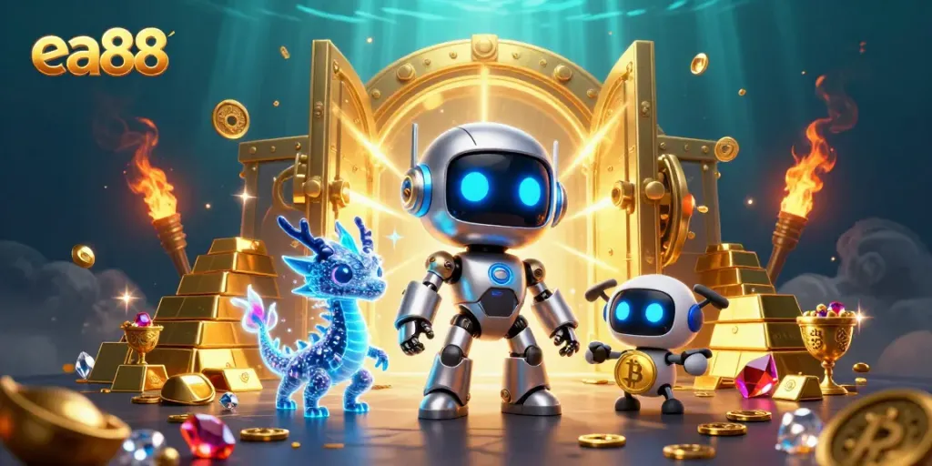Chơi casino tại ea88 với robot cyberpunk và rồng AI, mang lại trải nghiệm hấp dẫn.