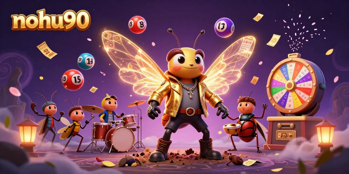 Engage with nohu90 as a vibrant rock star cicada performs amidst dazzling casino elements.