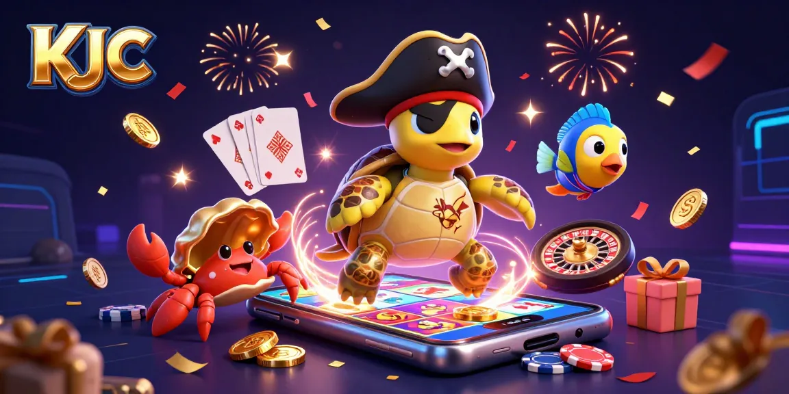 KJC's vibrant illustration showcases a turtle, crab, and parrotfish amidst casino treasure, highlighting action and excitement.