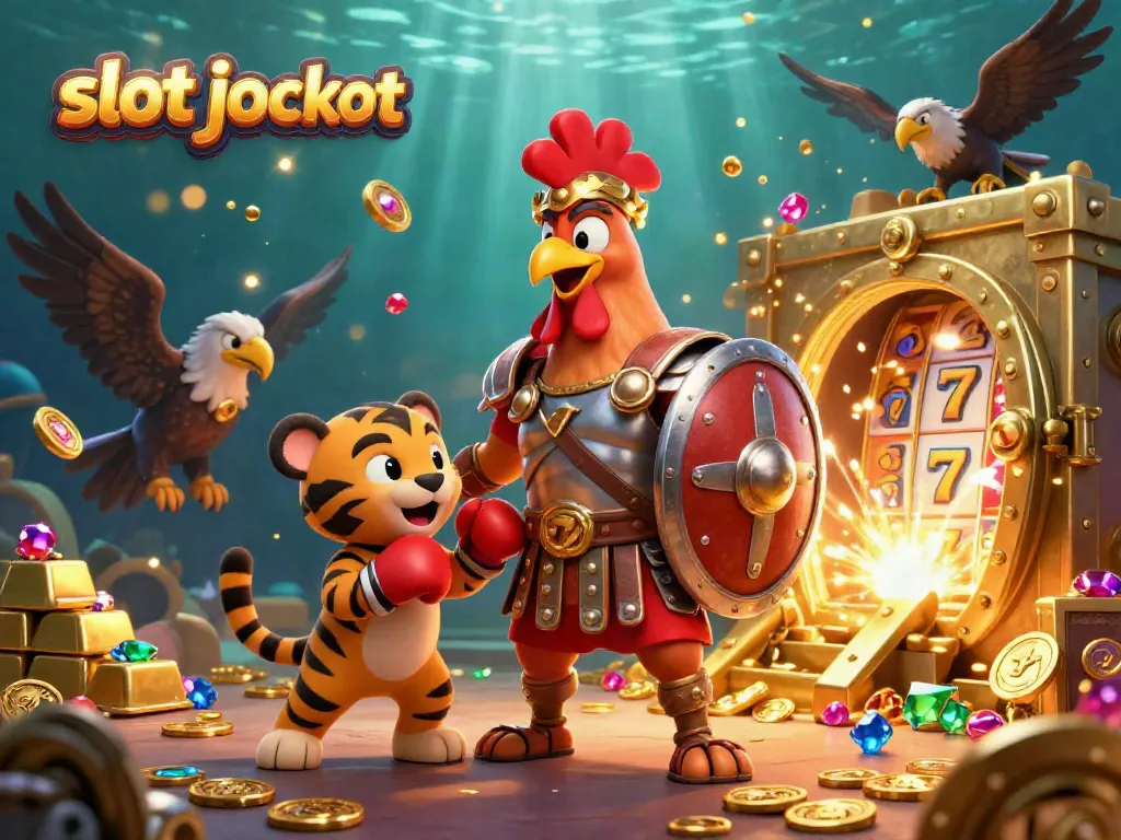 Experience the thrill of hitting a slot jackpot in this vibrant casino scene filled with dynamic characters and sparkling treasures.