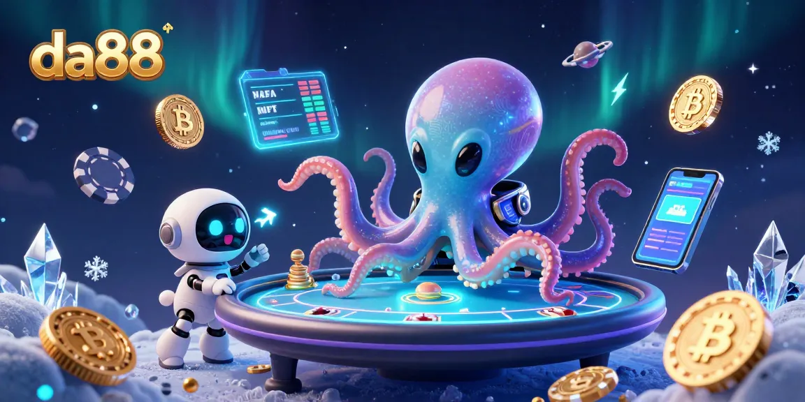 Experience dynamic gaming at da88 with an alien octopus managing a poker table in a cosmic setting.