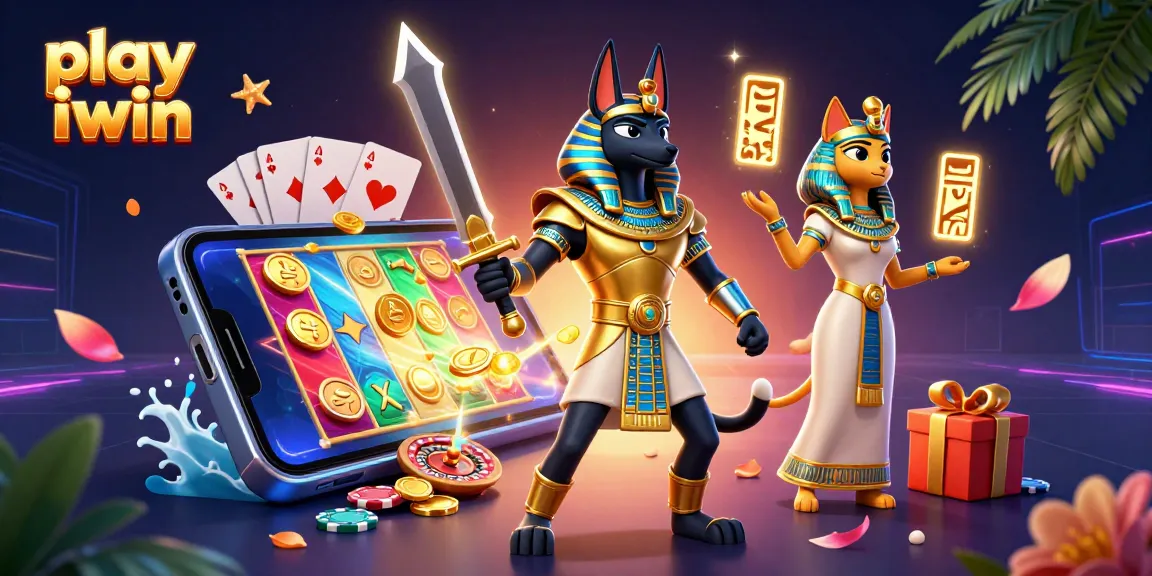 Play iwin with Anubis and Bastet in a vibrant 3D casino scene filled with action.
