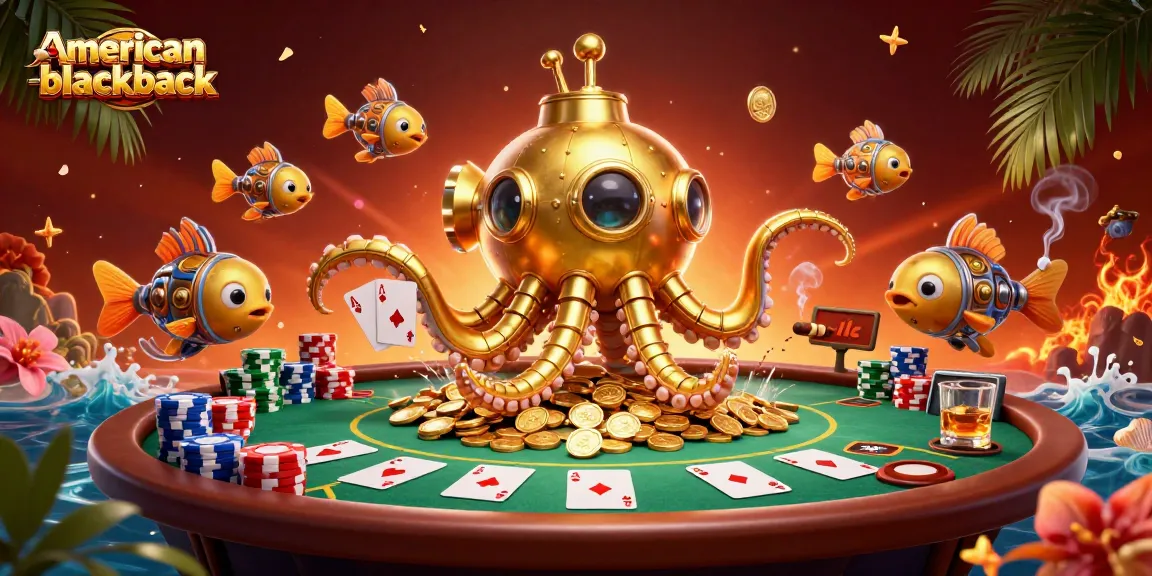 Experience the thrill of american-blackjack with a colorful 3D illustration of a kraken at a lively poker table.