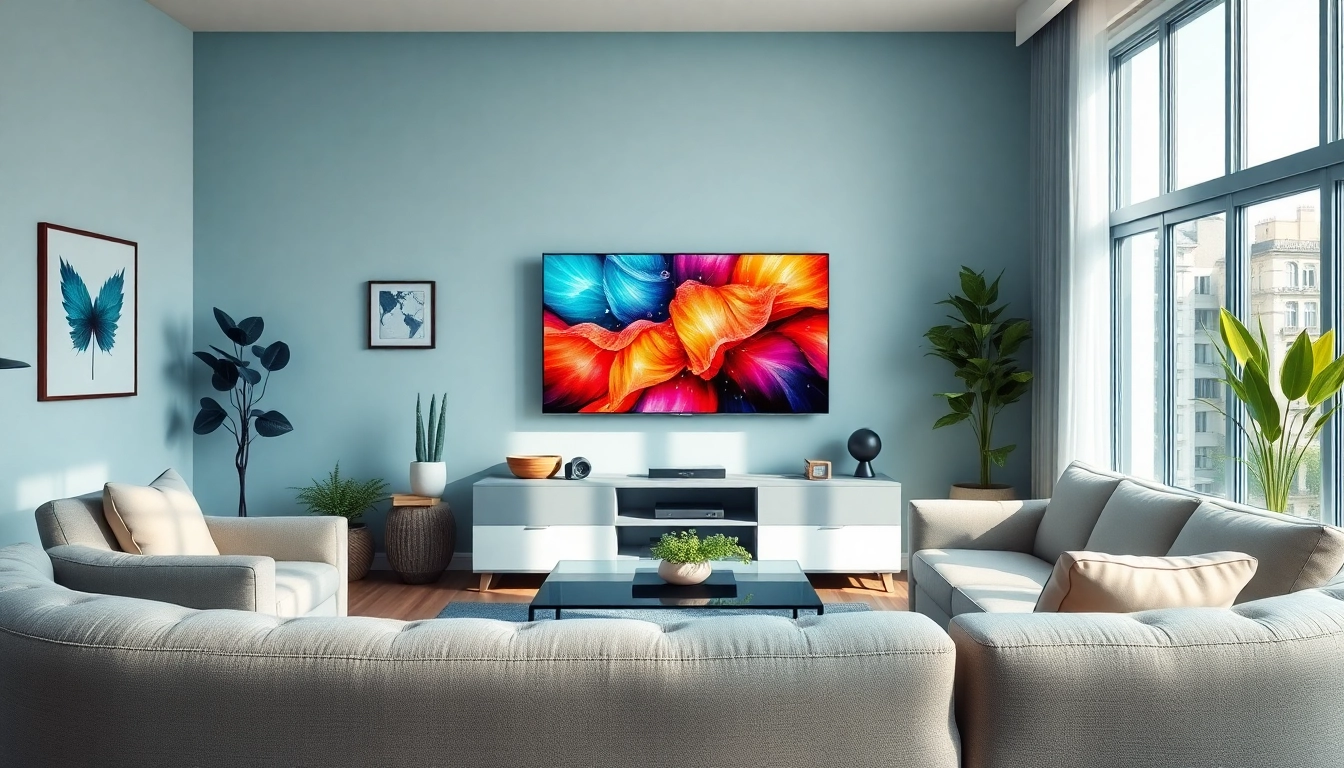 Showcase a modern living room with a vibrant TV display, promoting free iptv trial experience.