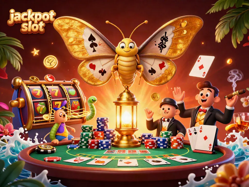 Capturing a vibrant jackpot slot scene with a majestic moth, spinning reels, and rich casino elements.