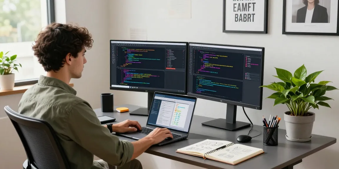 Developer coding in a vibrant workspace, showcasing modern tech environment with 456bd elements.