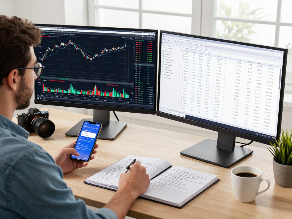 使用TradingView进行实时行情分析的交易员，展示股票和加密货币图表。
