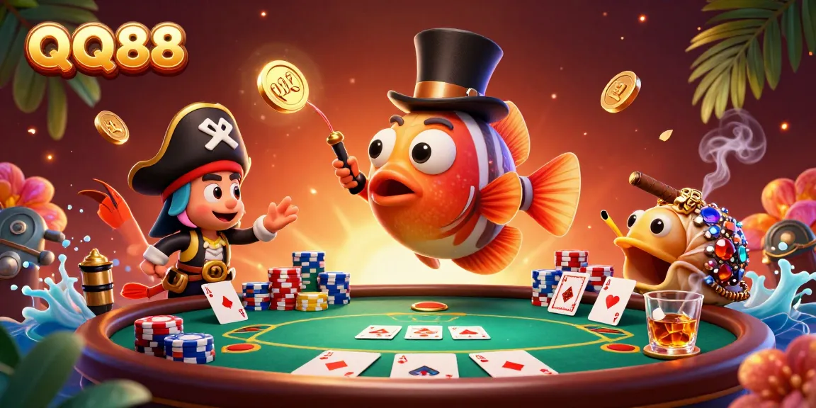 Enhance your gaming experience with the QQ88 anglerfish attracting golden coins at a poker table.