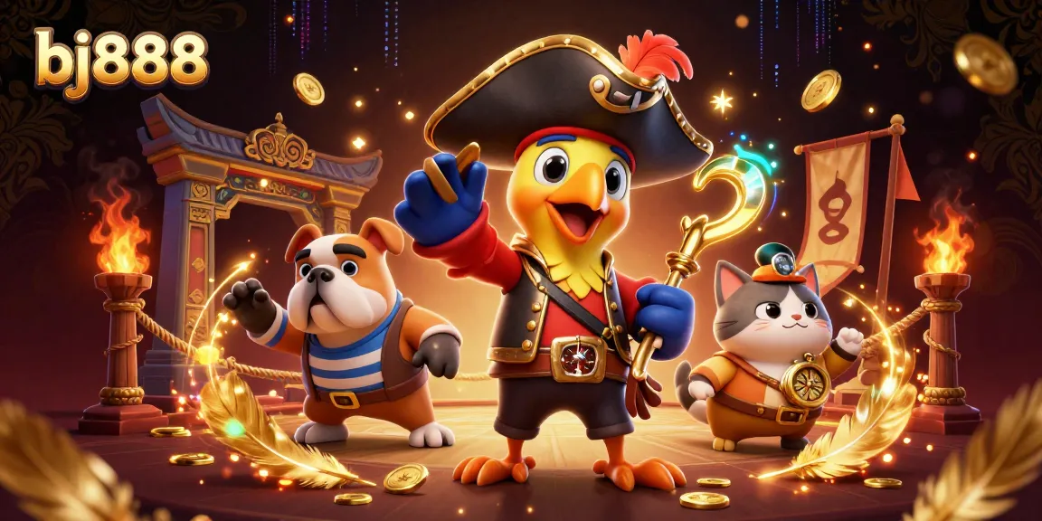 Engage with bj888 through an exciting 3D cartoon scene featuring dynamic pirate-themed characters.