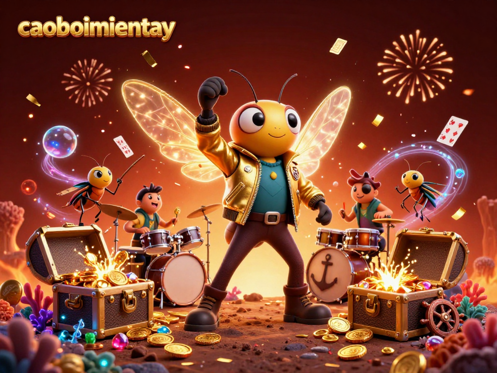 Capture the excitement of caoboimientay with vibrant 3D cartoon characters celebrating amidst treasure and confetti.