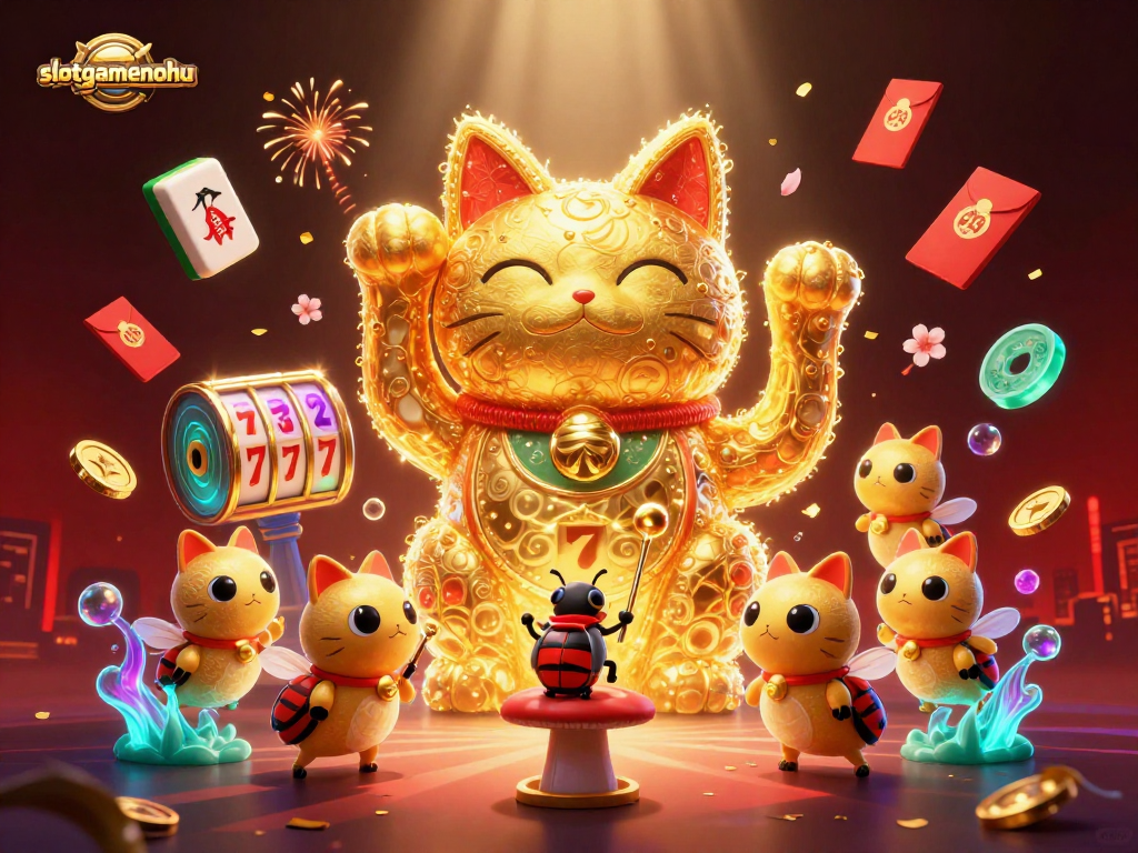 Engage with slotgamenohu's vibrant 3D casino illustration, showcasing a lucky cat and fireflies.