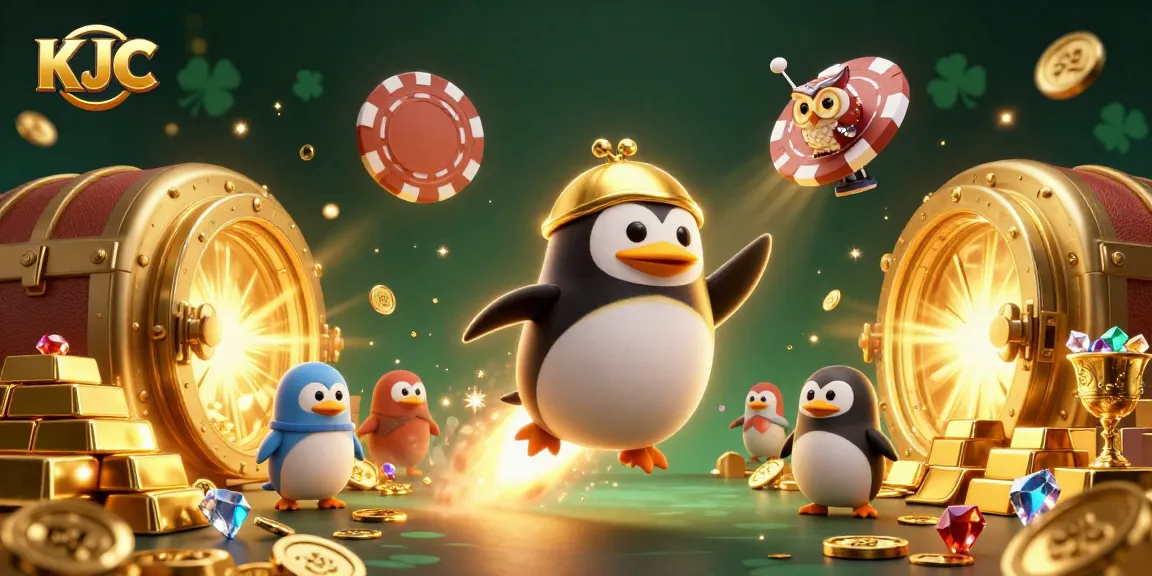 Experience thrilling KJC gameplay with a golden penguin soaring through a vibrant casino galaxy.