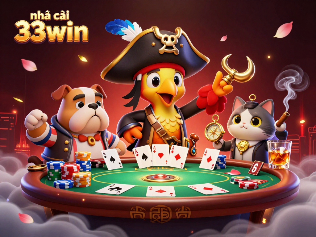 Engaging illustration of nhà cái 33win showcasing a pirate captain and companions at a poker table with vibrant casino elements.