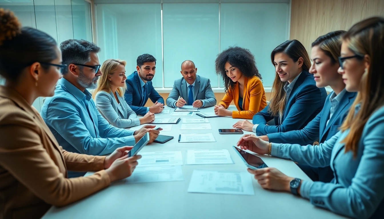 A diverse group collaborating on Contract Management strategies during a business meeting.