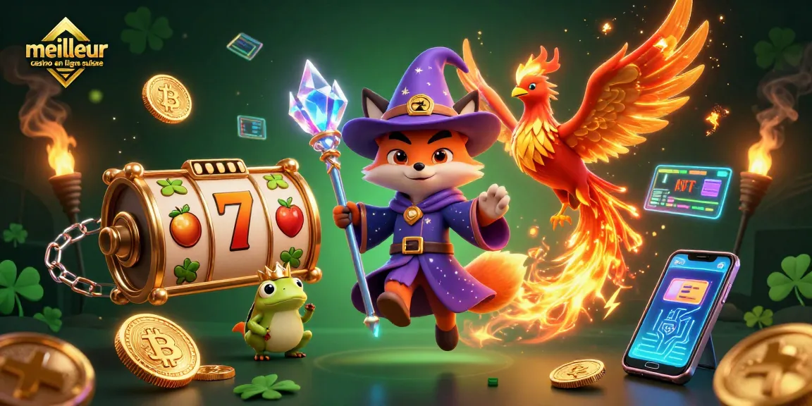 Gagnez avec le meilleur casino en ligne suisse, illustré par un magicien et des éléments de jeu dynamiques.