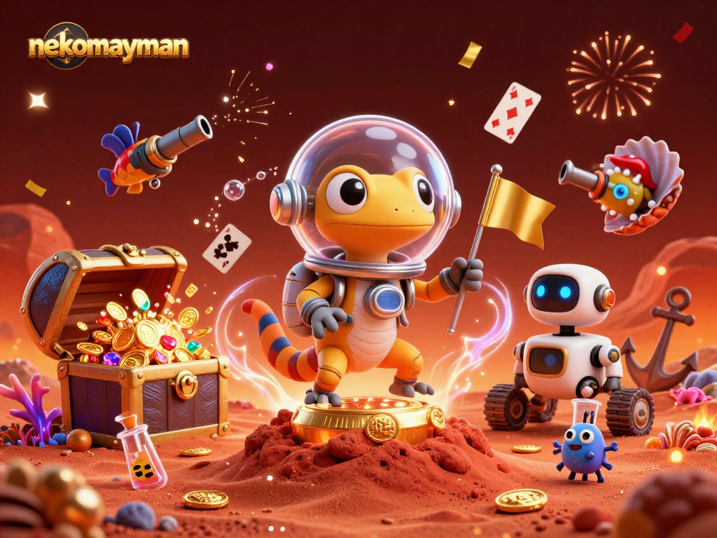 Experience nekomayman magic as vibrant aliens party with gold coins and casino treasures.