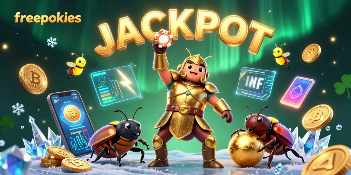 Experience the thrill of freepokies with a victorious hercules beetle in a vibrant casino scene.