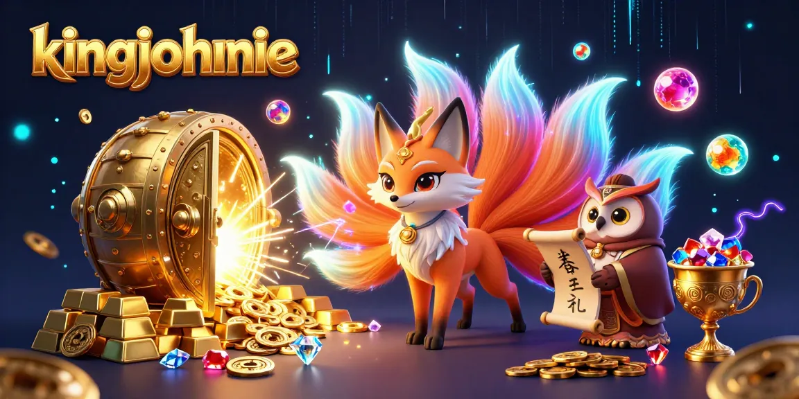 Engage with kingjohnnie's vibrant casino illustration featuring colorful characters and rich treasures.