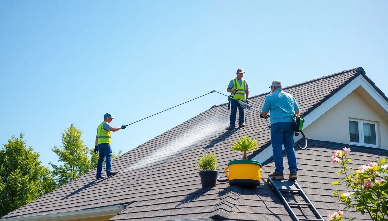 Roof Cleaning service showcasing team members cleaning roof shingles with care and professionalism.